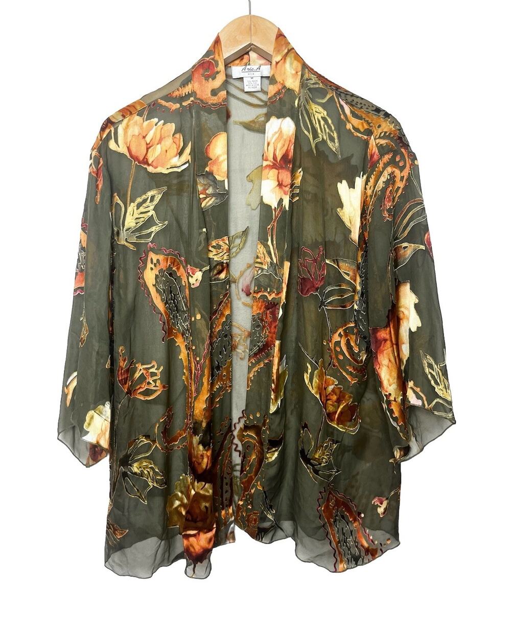 Anis A Kimono Style Sheer Silk Rayon Jacket Top Floral Velvet Burnout Sz Medium